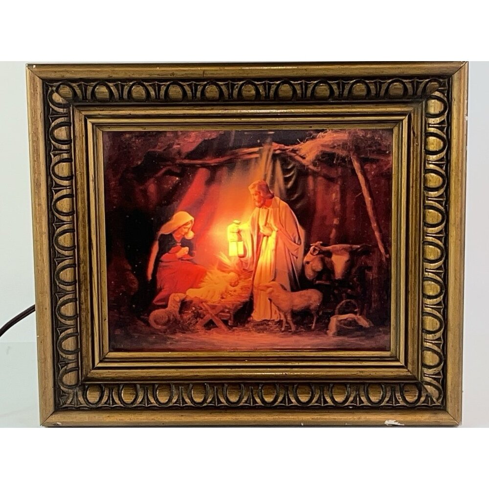 Vtg Lenticular 3 D Picture Light Up Jesus Mary Joseph Nativity Scene MCM Lit Up